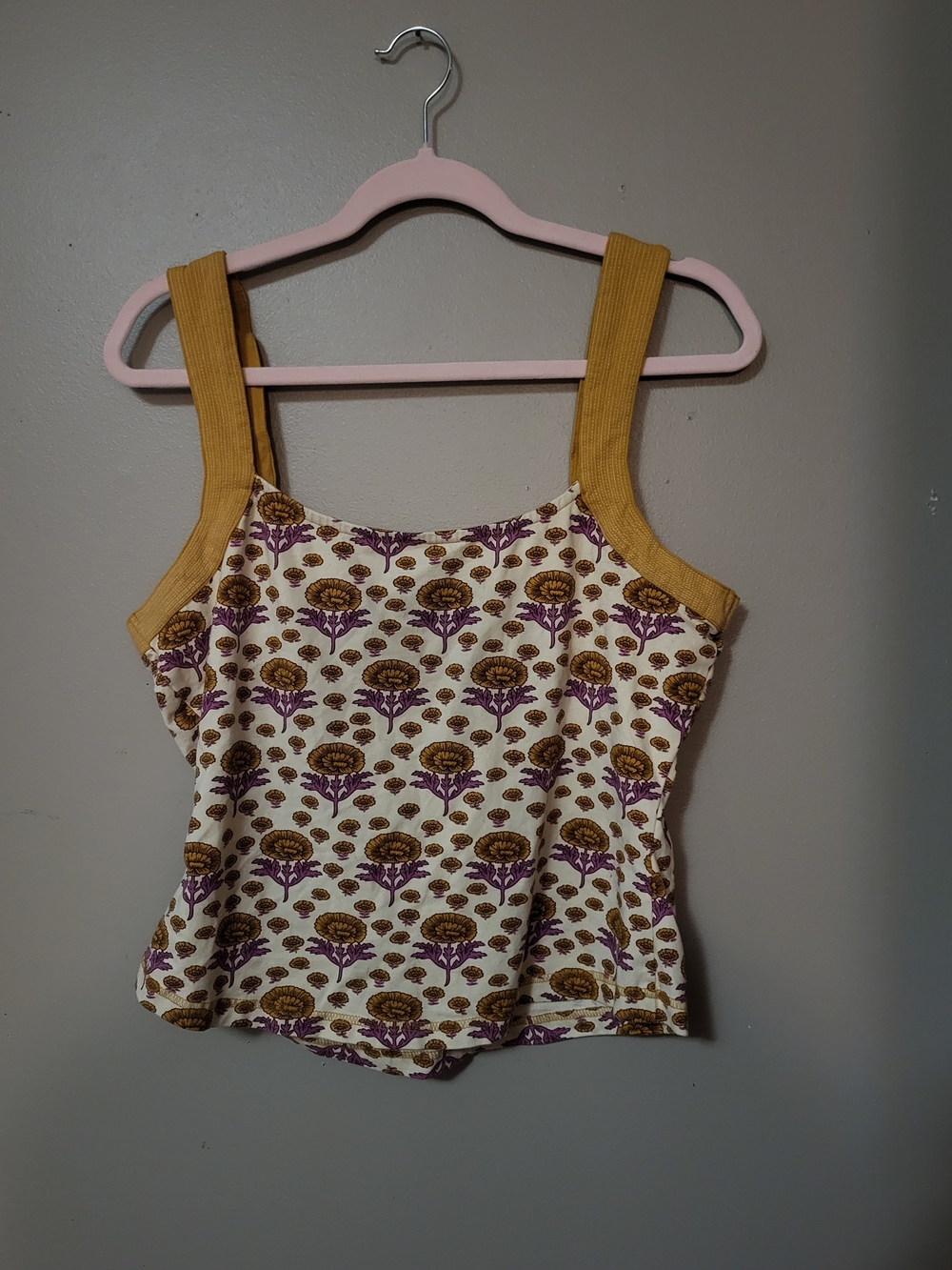 Maeve Cream Tank Top with Mustard Straps and Purple Floral Print Anthropologie - Picture 3 of 3